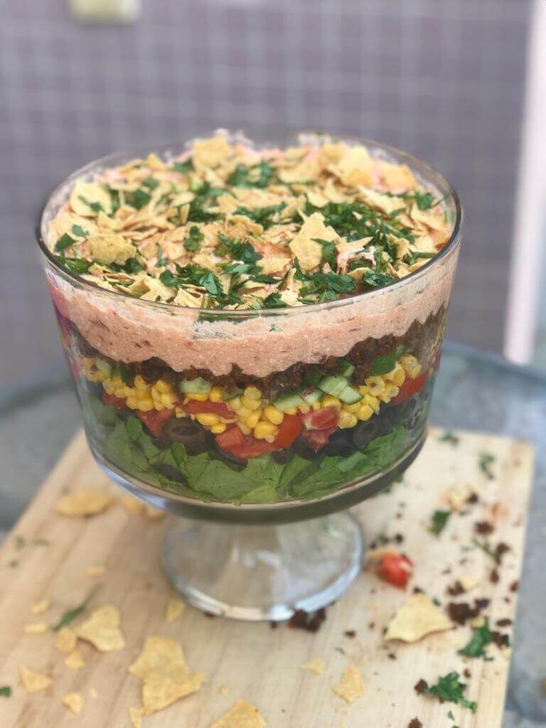Vegan Taco Salad Recipe - Layered Taco Salad in a Trifle Dish