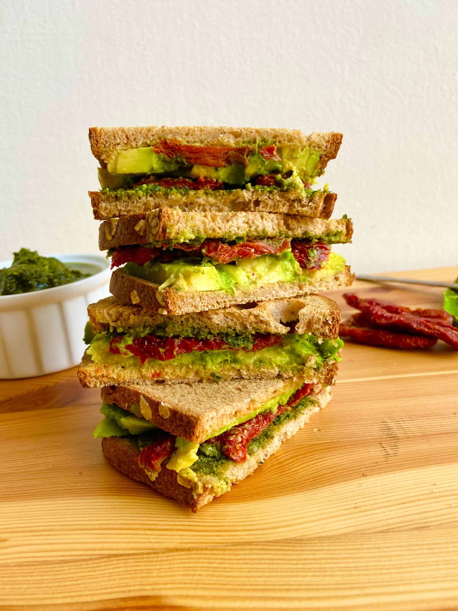 Vegan Avocado Sandwich with Pesto and Sundried Tomatoes