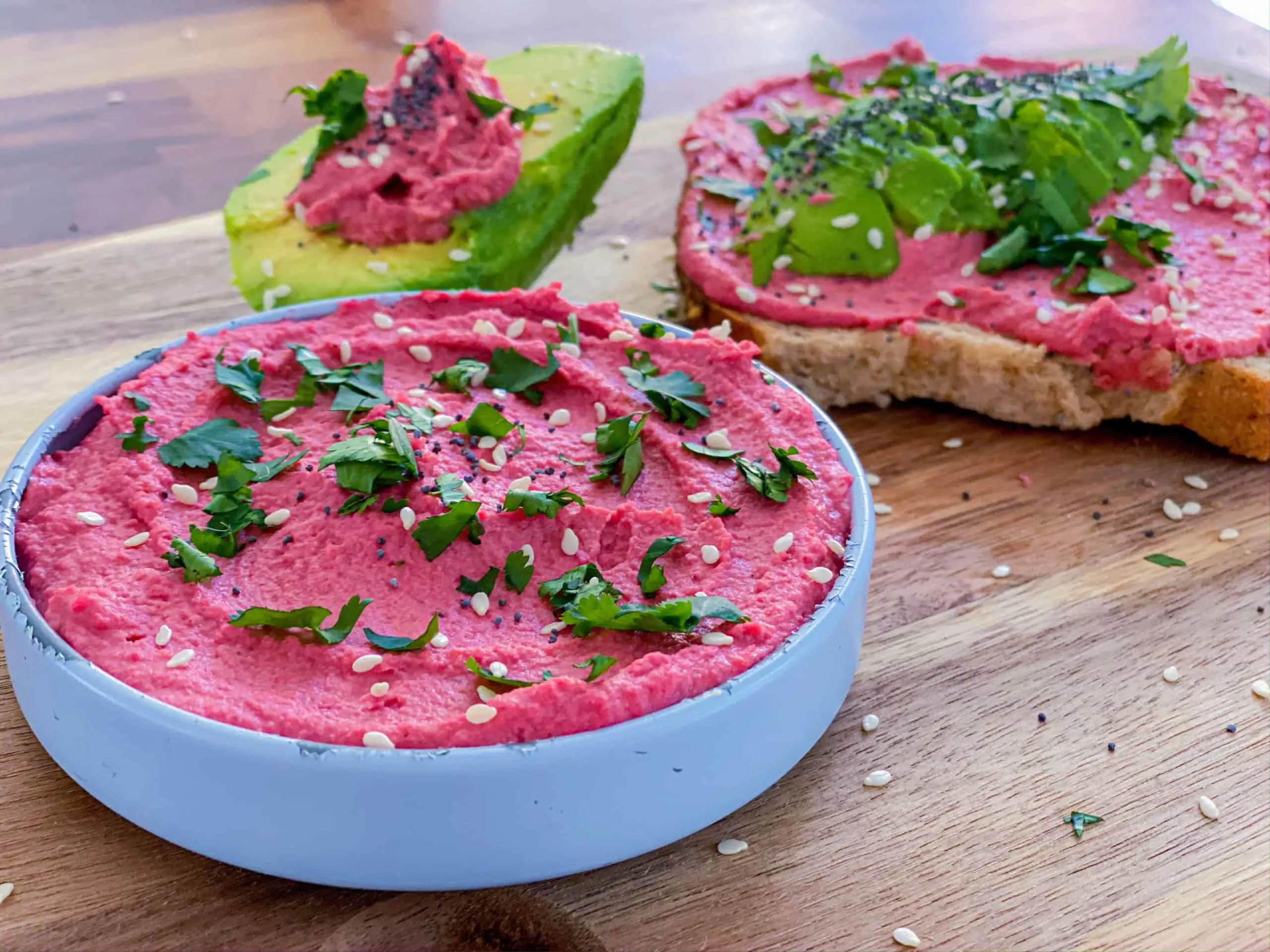 Delicious beetroot and wasabi hummus. Dips for charcuterie boards.