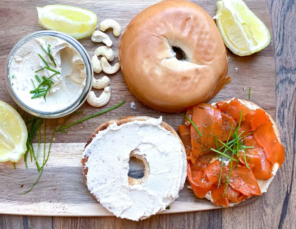 vegan lox with cream cheese bagel sandwich 