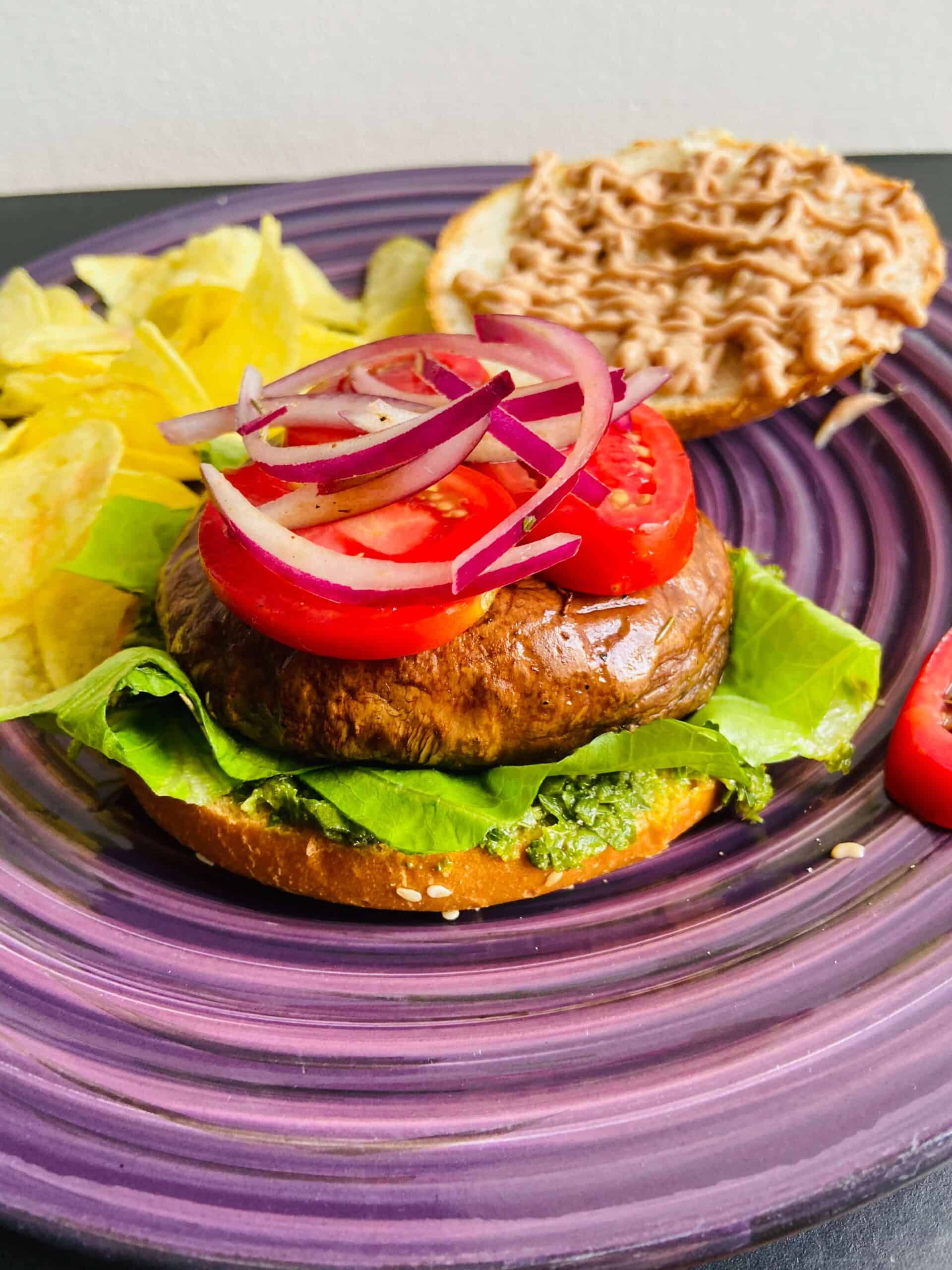 Vegan Portobello Burger with Pesto and Sundried Tomato Spread