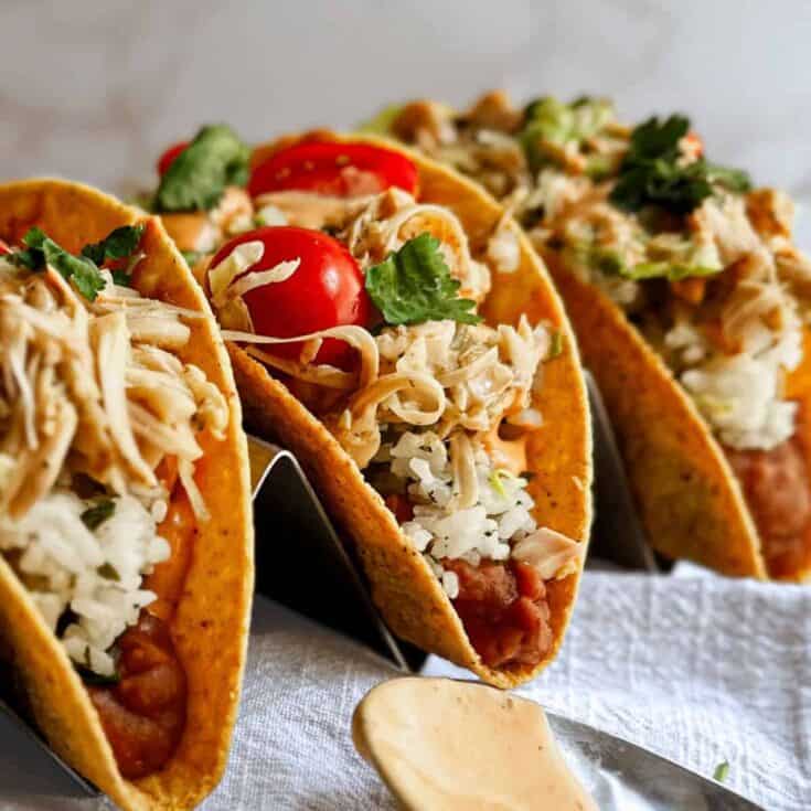Vegan tacos filled with shredded jackfruit, cherry tomatoes, lettuce, and vegan sauce, served in cor.
